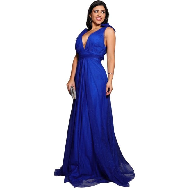 Vestido Longo de Festa Micro Tule com Brilho Madrinhas Decote em V Greice Azul Bic