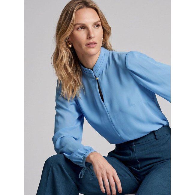 Blusa Social Feminina Manga Longa Azul Claro Punho Laço