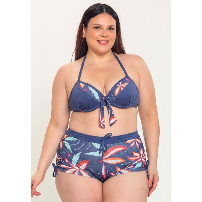 Biquíni Shorts Tanquíni Plus Size Com Bojo Meia Taça E Aro Regulável Estampado Folhagem Azul Marinho