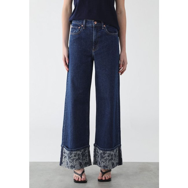 Calça Feminina GAP Barra Floral Reta Azul Escura