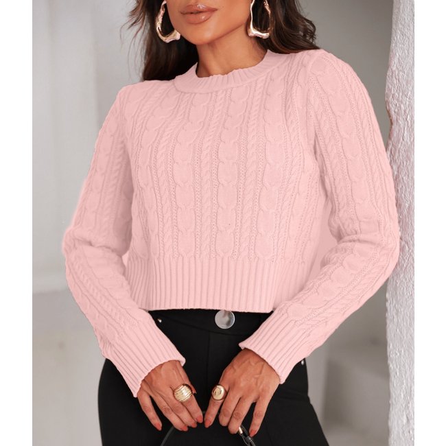 Blusa Cropped Cherry Line Tricô Trança Manga Longa Rosa Claro