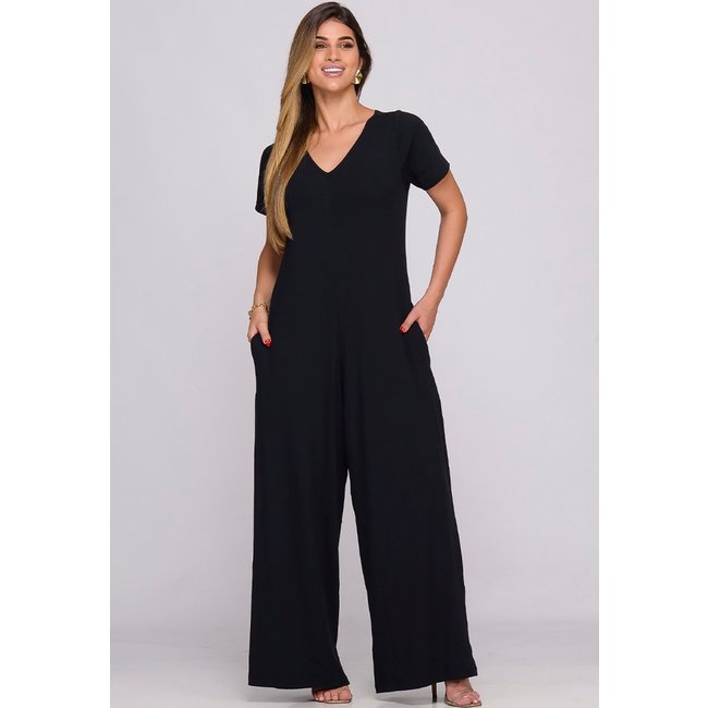 Macacão Pantalona M/C Bolsos B’Bonnie Esther Preto