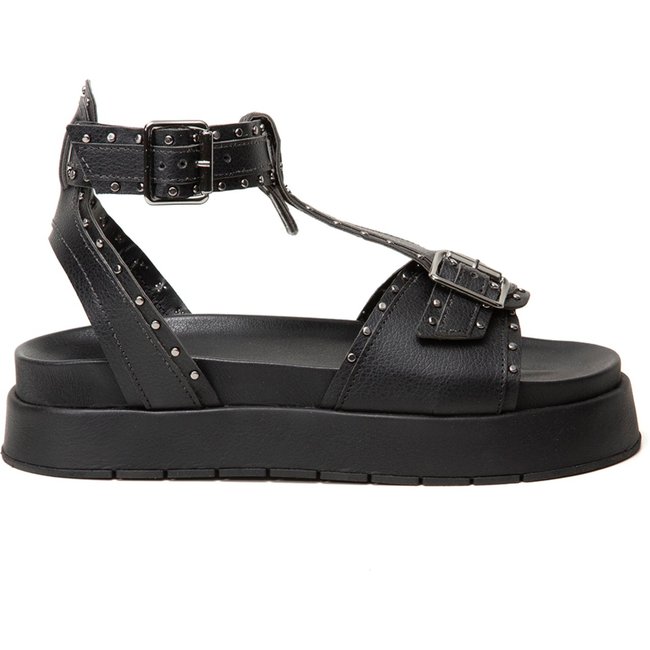 Sandália FlatForm Amarena Preto Plataforma Fivela Regulável Aplicações Spikes