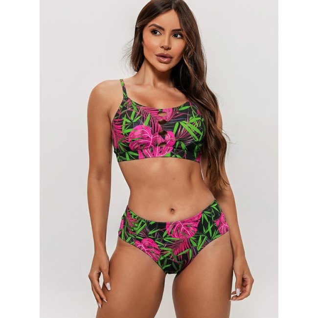 Biquíni Feminino Orla da Praia Top Cropped Com Bojo Removível Estampado Geométrico Rosa e Verde