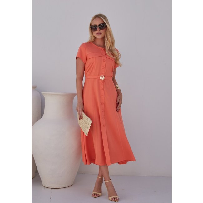 Chemise Mamorena Midi Godê em Viscose Sarjada Manga Curta com Cinto de Amarrar