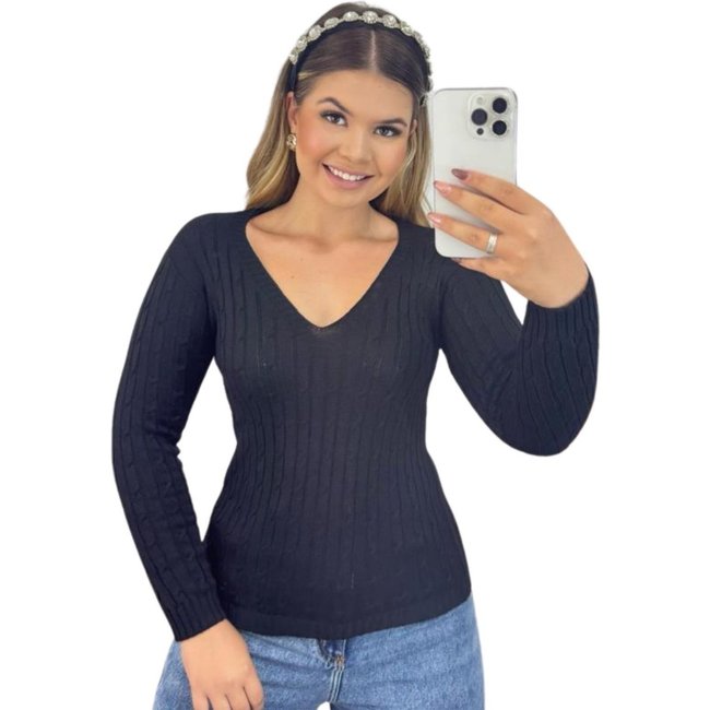 Blusa Suéter Feminino Industrie de Tricô Preto Manga Longa