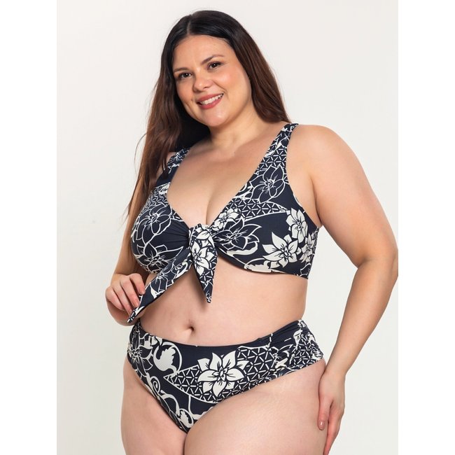 Biquíni Plus Size Orla da Praia Feminino com Amarração Central e Bojo Removível Alta Sustentação Estampado Floral Preto