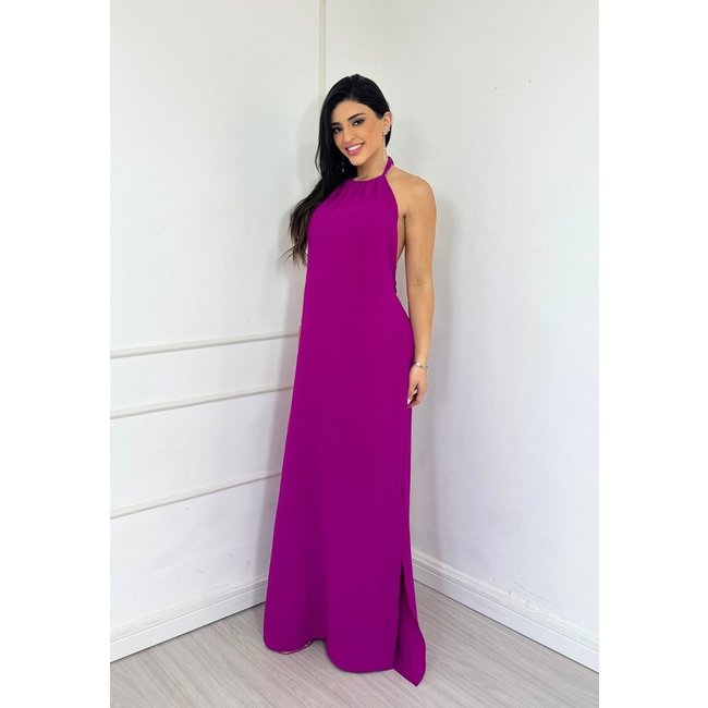 Vestido Longo Frente Única Amarração Esther Fúcsia