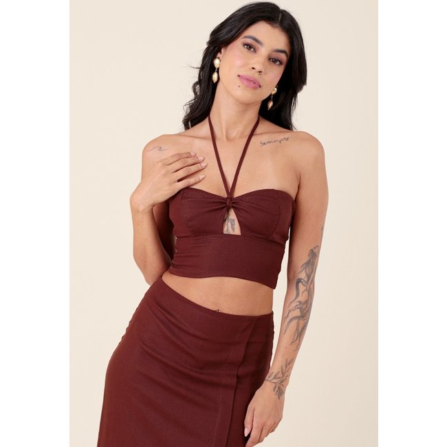 Blusa Cropped Pop Me Em Linho Alça Busto Marrom
