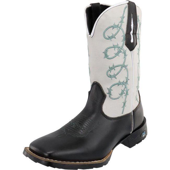 Bota Feminina RR Botas Texana Country Couro Bordado Arame Bico Quadrado Confortável Preta