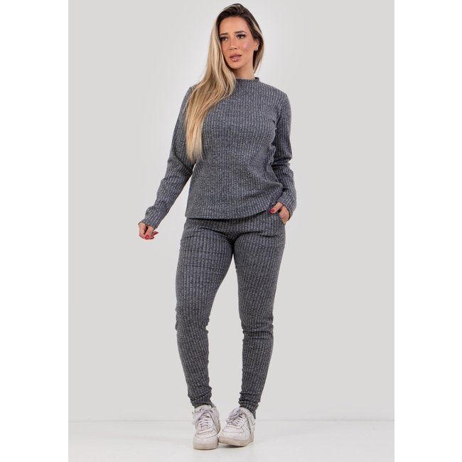 Conjunto Canelado 4 Estações Manga Longa Blusa Canelada Calça Jogger Cintura Alta Liso Cinza