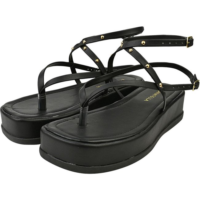 Sandália Feminina Plataforma CM Calçados Chinelo Flatform Spike Tira Amarrar Hotfix Preto