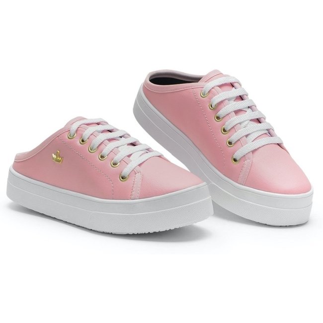 Tênis Mule Casual Feminino Solado Flat Amarração Confortável Prático Versátil Rosa