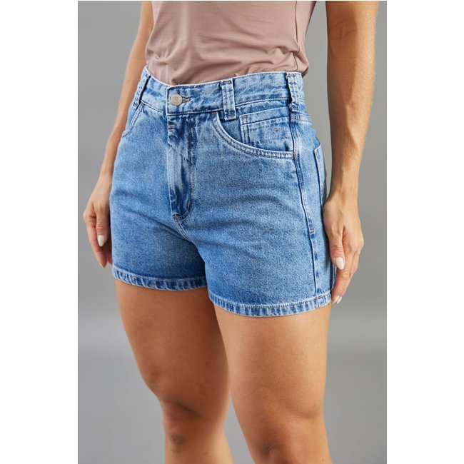 Shorts Jeans Feminino Mom Cintura Alta Marmorizado Dialogo Azul