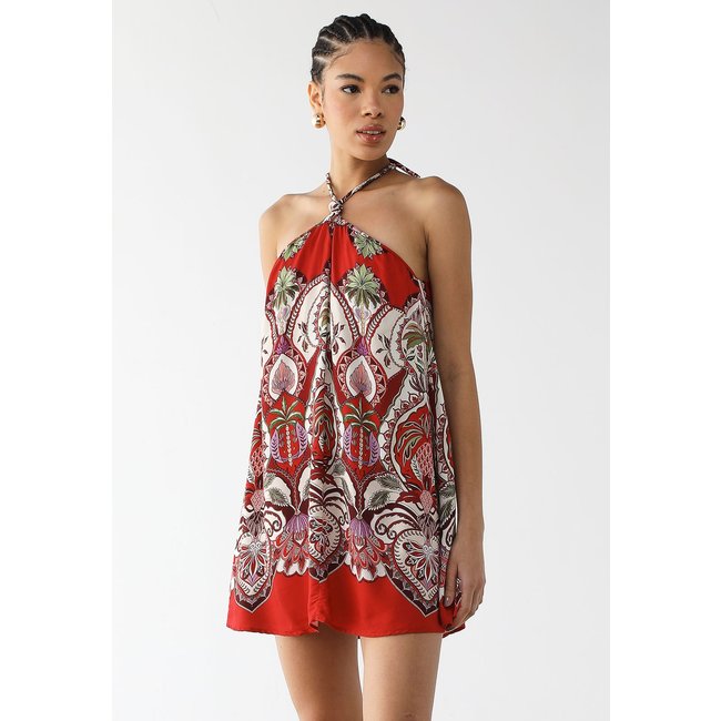 Vestido Feminino FARM Estampa Tropical Decote Halter Vermelho