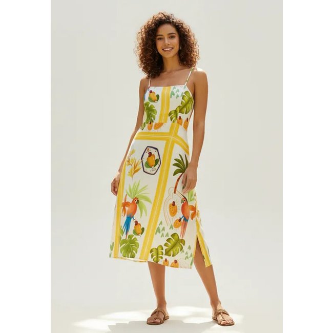 Vestido CabanaFree Midi Alça Fina Estampa Alma Tropical