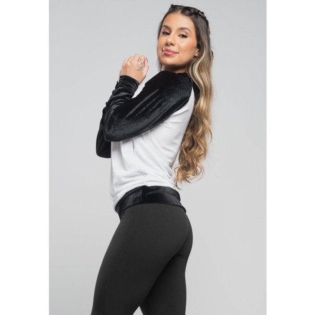 Blusa MVB Modas Casaco Feminino Flanelado Agasalho Frio Plush Jaqueta Preto e Branco