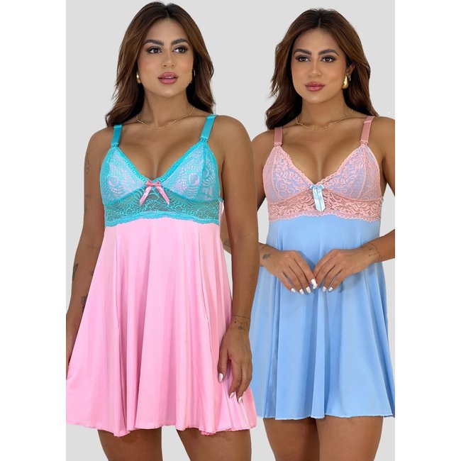 Kit 2 Camisola Amamentação Bicolor Pós Parto Maternidade