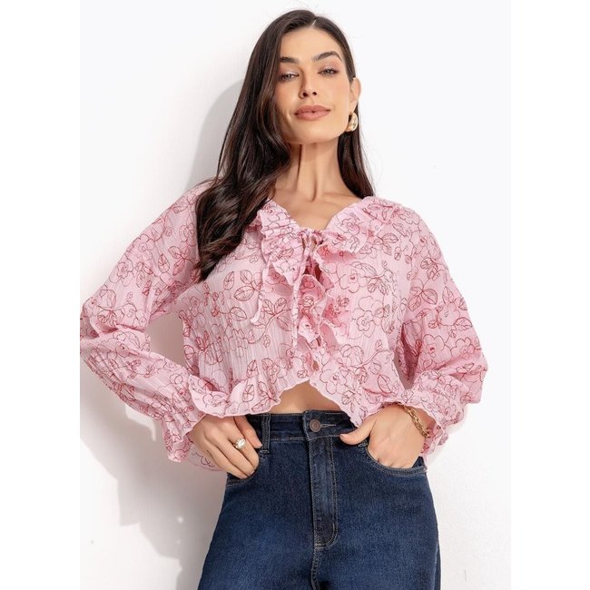 Blusa Em Crepe Plano Quintess Bordado Botanic