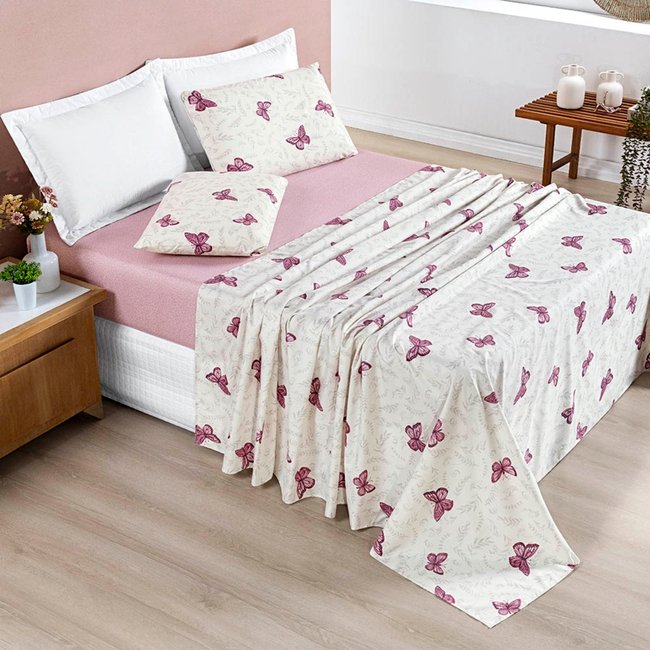 Jogo Cama Lençol Casa Scarpa Celi Casal Padrão Estampado Micropercal 200 Fios 4 Peças Borboletas Rosê