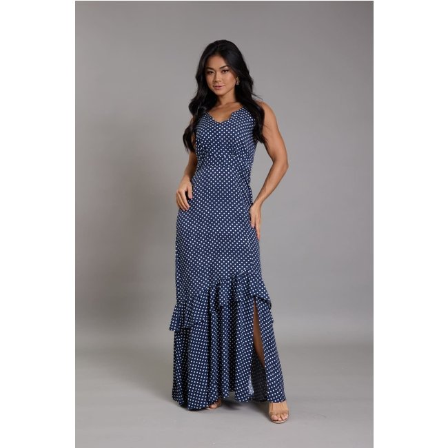 Vestido de Poá com Alça e Babado Lemier Elegante e Romântico Marinho