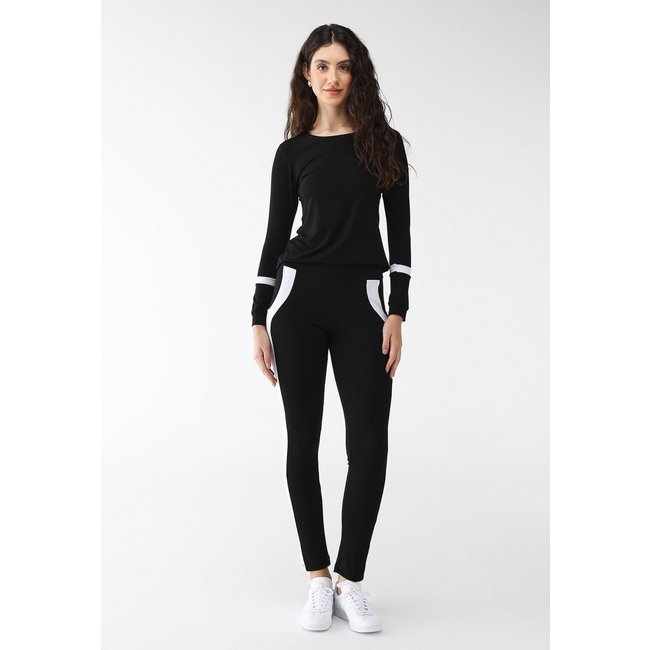 Conjunto Viscolycra Maria Paes Calça e Blusa Manga Longa Preto e Branco