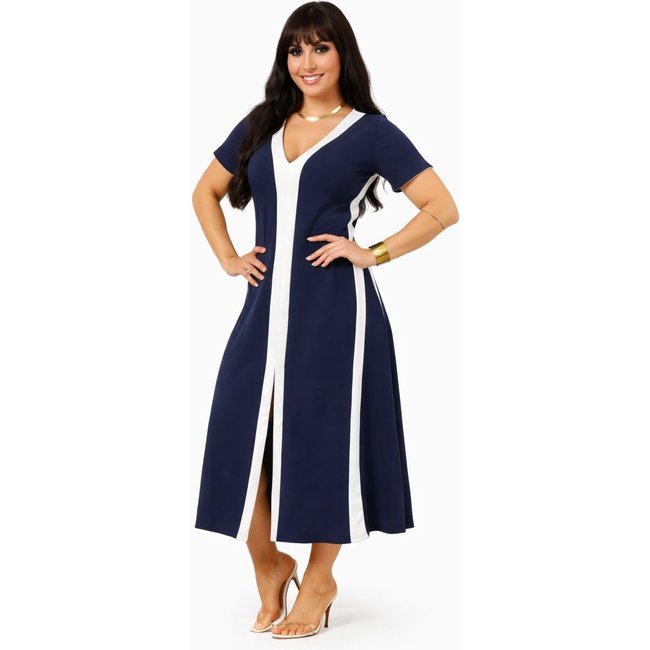 Vestido Longo Longo Gola V D Bell Outlet Fashion Azul