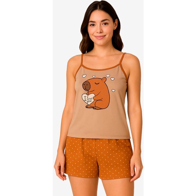 Conjunto de Verão Gabi Lingerie Capivara Baby Doll Elegante Alcinha Estampado Pijama Sensual Bege