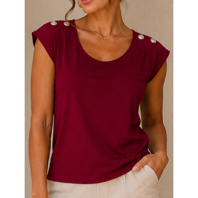 Blusa Feminina Bordô com Botões nos Ombros Manga Curta Elegante Confortável e Versátil