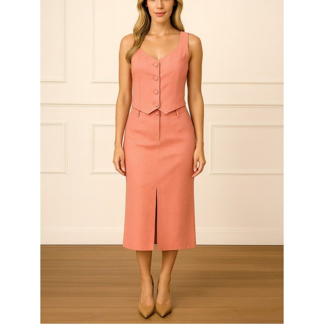 Conjunto Saia Midi e Colete Muy Linda Alfaiataria Feminina Rosa Queimado
