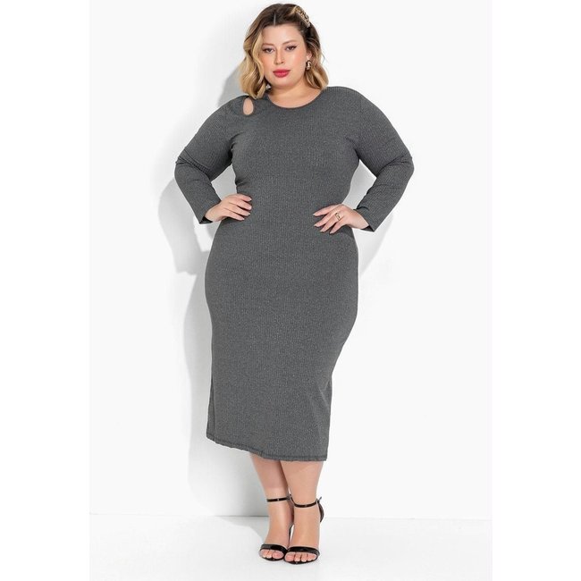 Vestido Em Ribana Canelada Plus Size Mescla Marguerite