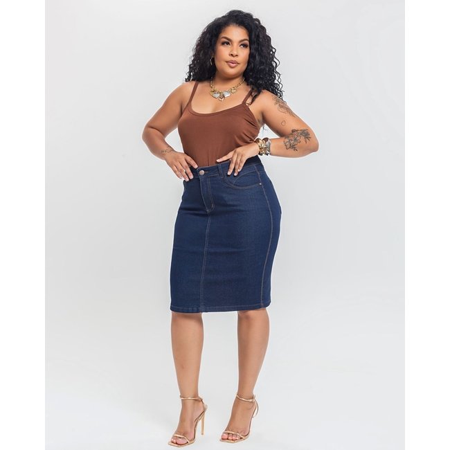 Saia Feminina Secretária Plus Size - Black Jeans - Denim Escuro