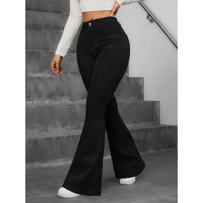 Calça Flare Jeans Feminina Kovali Premium Estilo Gringa Cintura Alta com Elastano Levanta Bumbum Preta