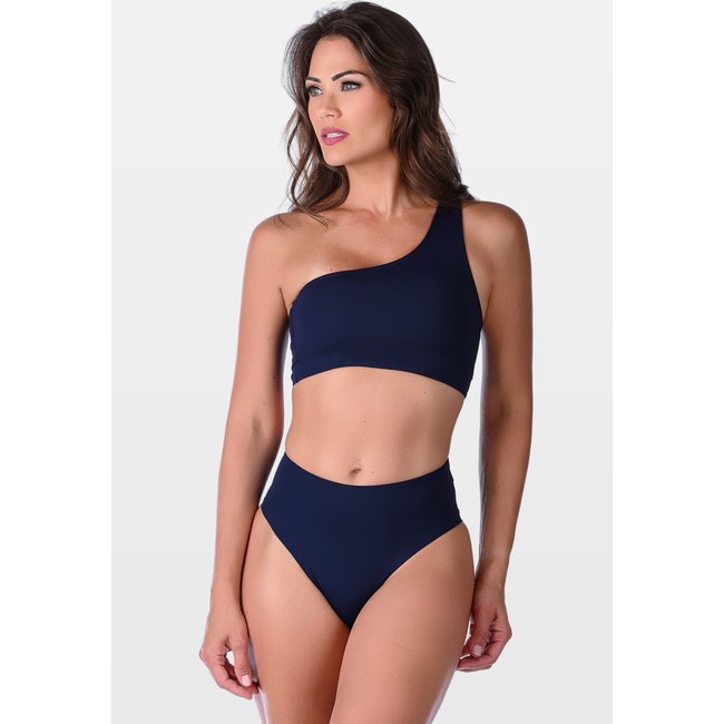 Biquíni Summer Soul Um Ombro Só Sem Bojo Fio Dental Duplo Cintura Alta Azul Escuro