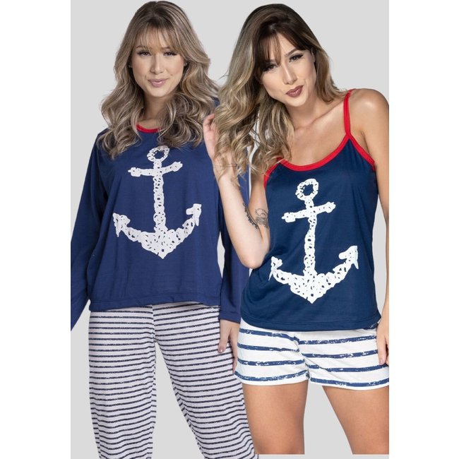 Combo Pijamas Bella Fiore Modas Manga Longa Calça e Alça Fina Short Âncora Azul Marinho