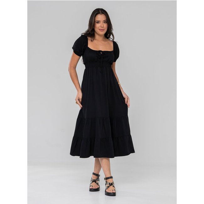 Vestido Aura Midi Rosana Viscosarja Liso Preto