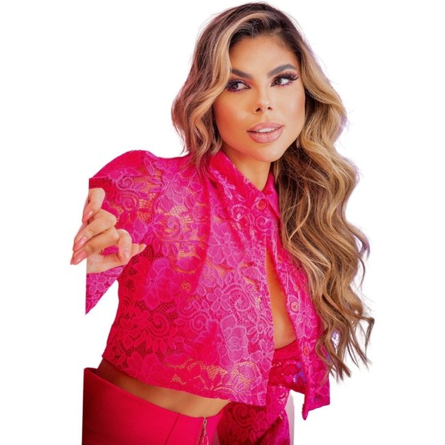 Camisa Cropped Renda Transparência + Top Pink