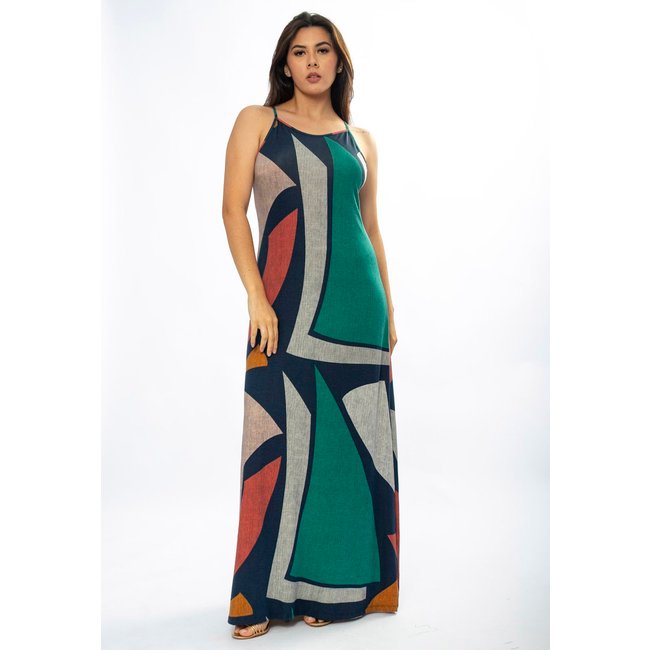 Vestido Longo Amazônia Vital Malha Trapézio Estampa Geometrias do Tempo