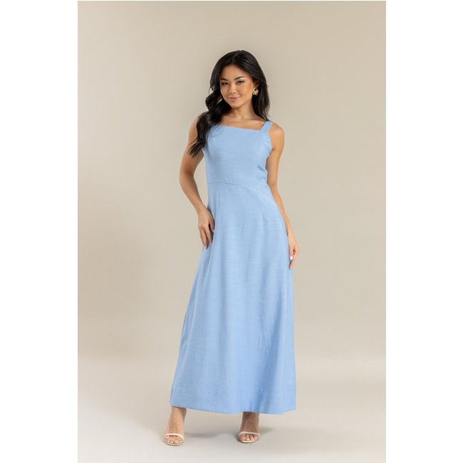 Vestido Longo Lemier Collection com Amarração nas Costas e Alças Ajustáveis Azul