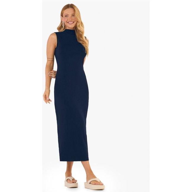 Vestido Midi Ribana Canelada Rovitex Azul