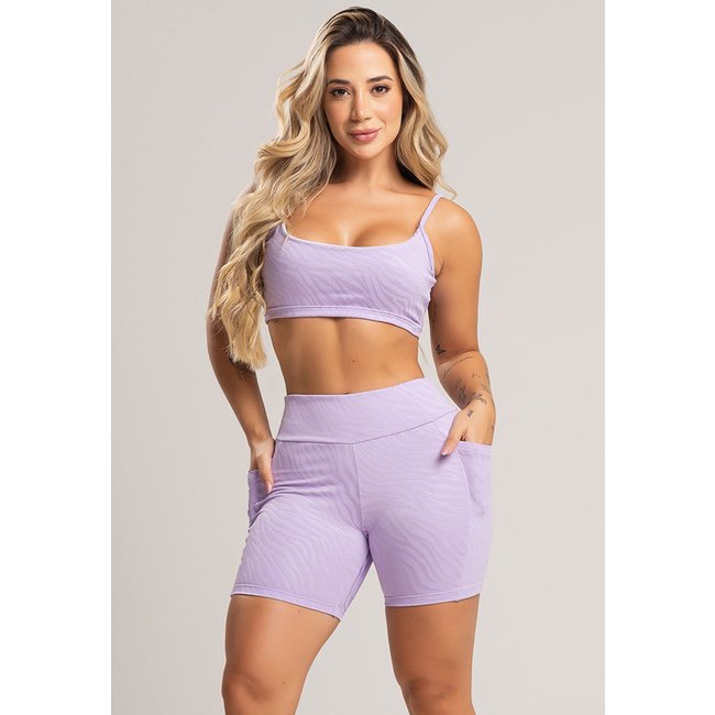 Short Fitness MVB Modas Feminino Com Bolsos Cintura Alta Fitness Academia Jacquard Lilás