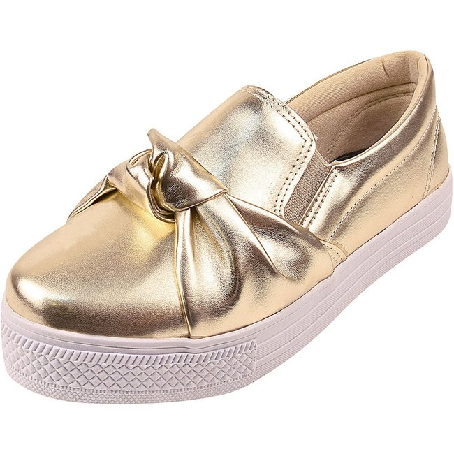 Tênis Casual Feminino Calce Fácil Dia a Dia Laço - Dourado