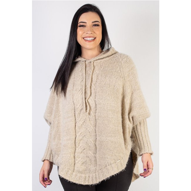 Poncho Enluaze Feminino De Malha Com Trança 60012 - Bege