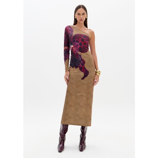 Vestido Super Midi Estampado Ombro Único Lança Perfume