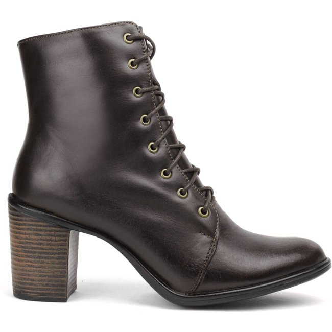 Bota Couro Feminina Cano Médio Salto Bloco Fachete Médio Bico Fino Cadarço Casual Marrom