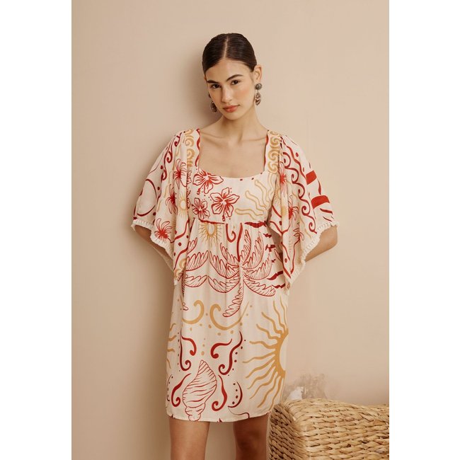 Vestido Curto Detalhe Franja Manga Estampado Marahu