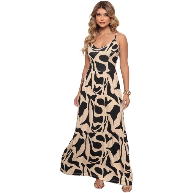 Vestido Longo Casual Alcinha Dellamarca Estampa Total Preto
