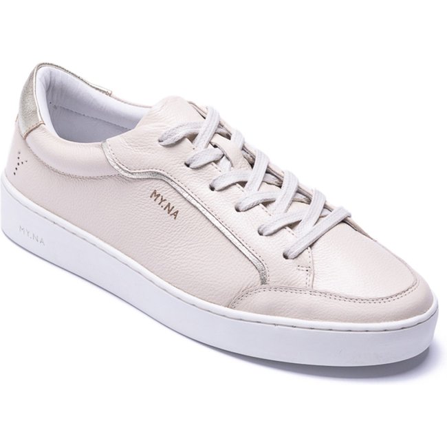 Tênis MY.NA Y7 Couro Legítimo Off White com detalhes em Dourado