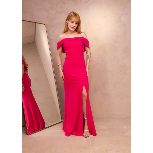 Vestido Longo de Festa Ombro à Ombro Tubinho Sereia com Fenda Crepe Dionyze Pink