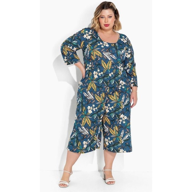 Macacão Pantacourt Plus Size Floral Azul Marguerite